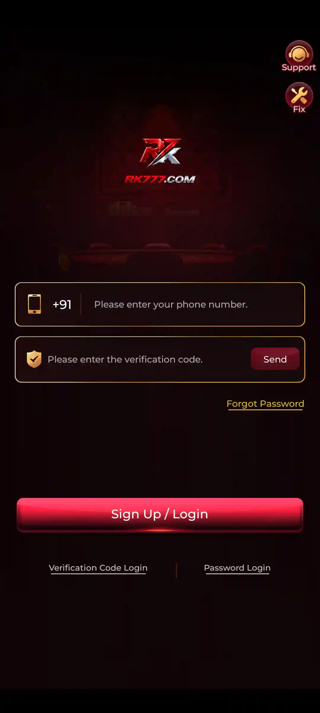 RK777 Game login screen with mobile number, password and verification options