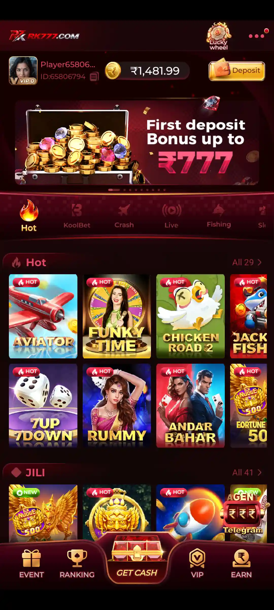 RK777 Game home screen showing Aviator, Teen Patti, Rummy, Slots, Fishing and Mines