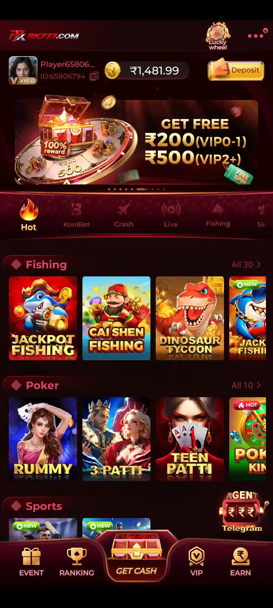 RK777 Game live casino lobby with live dealer card games and roulette