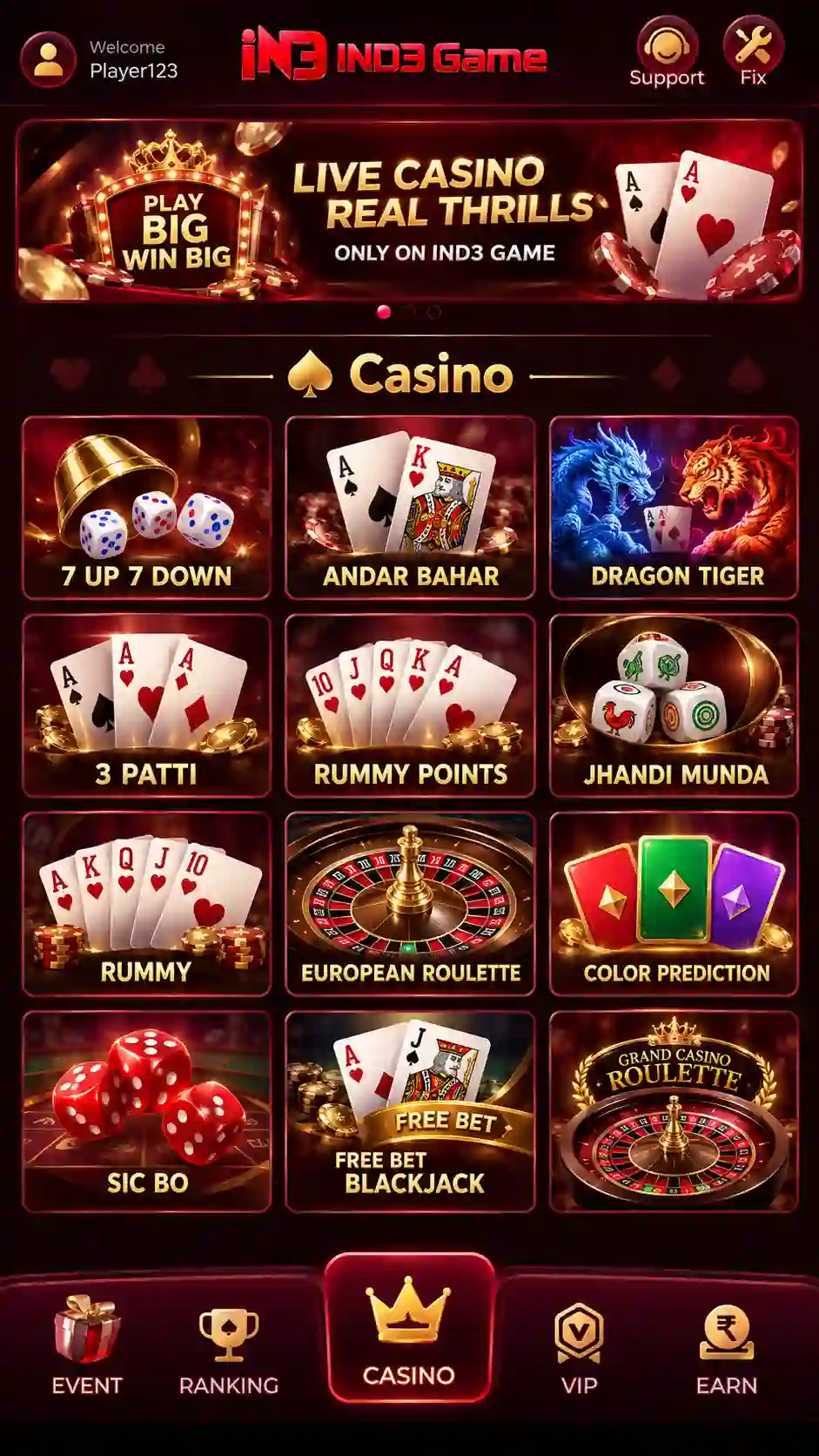 IND3 Game casino lobby for online gaming play and rewards