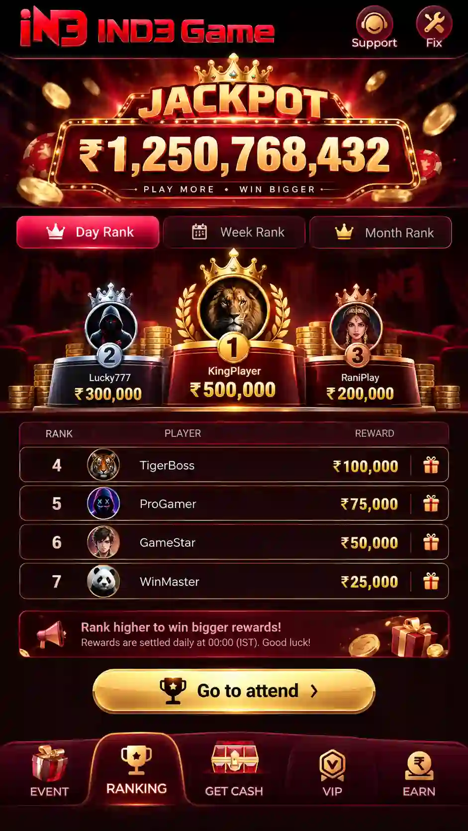 IND3 Game jackpot ranking with win and reward leaderboard