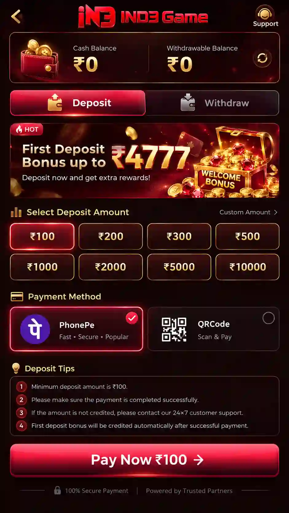 IND3 Game App wallet deposit and bonus screen