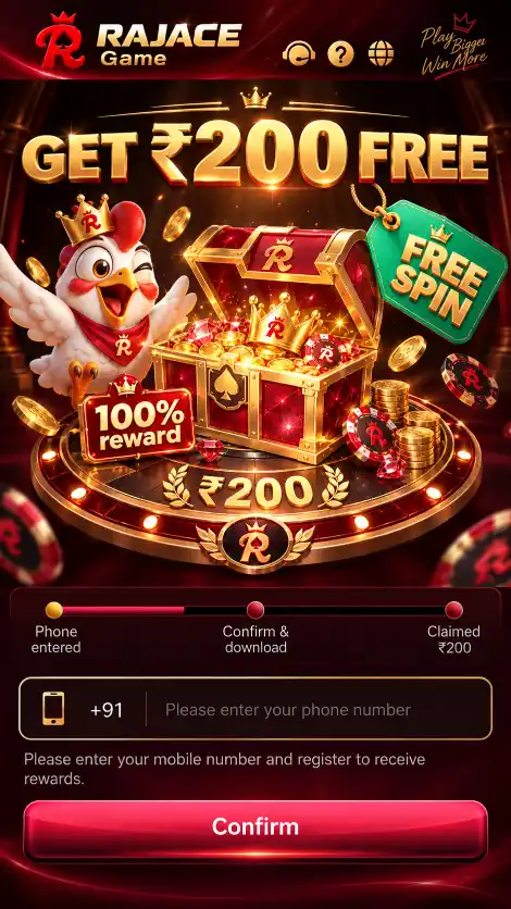 RAJACE Game Download screen with mobile signup free spin and ₹200 bonus offer