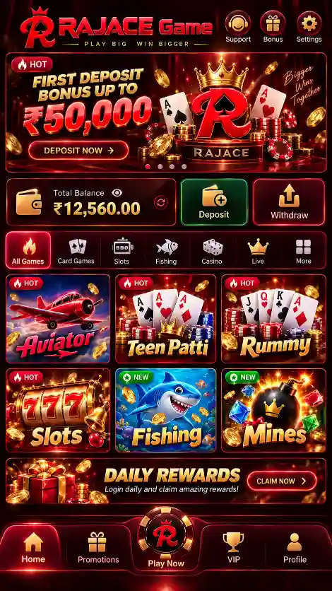 RAJACE Game home screen with popular online games, bonus and reward options