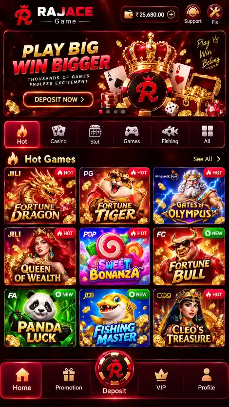 RAJACE Game hot games screen with popular online play and reward titles