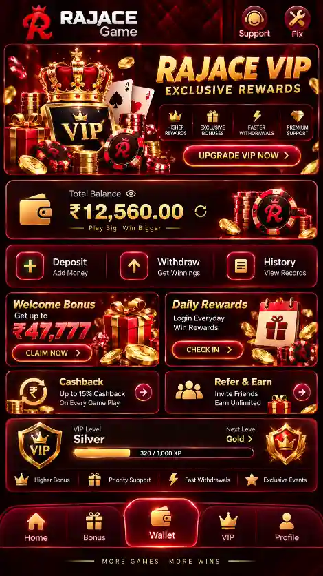 RAJACE Game VIP screen with bonus cashback daily rewards and wallet features
