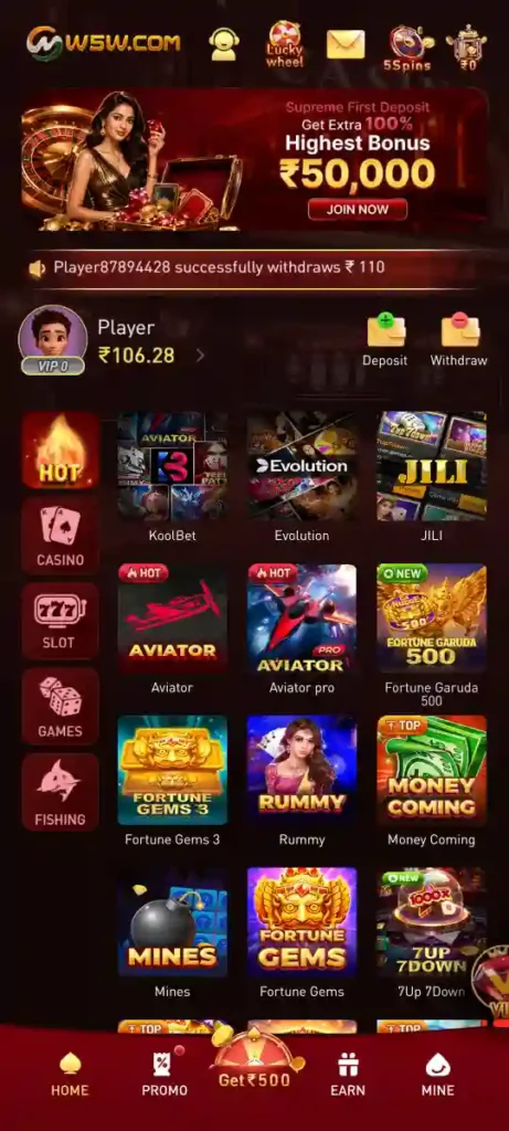 W5W Game Aviator JILI Slots Android Online Gaming